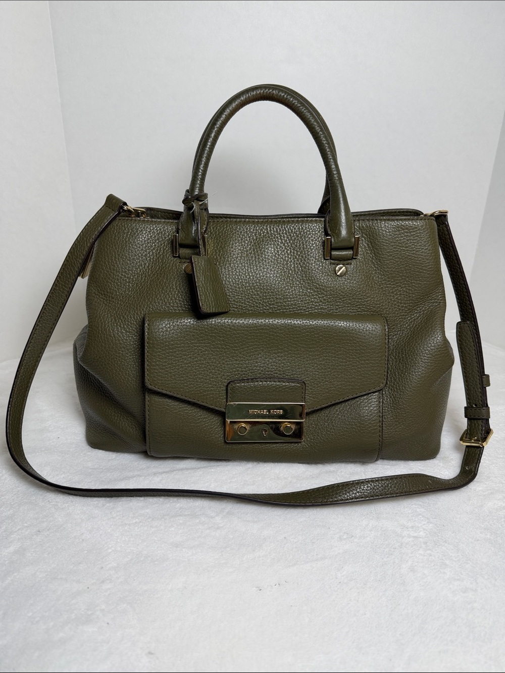 Michael Kors Olive Pebbled Leather Satchel with Gold-Tone Hardware